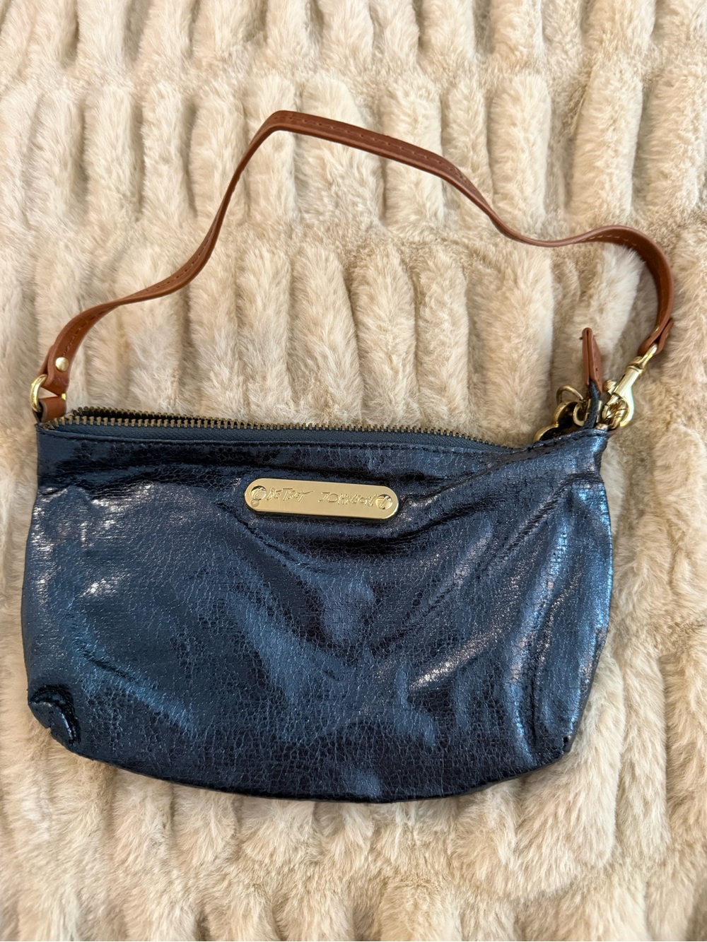 Betsey Johnson Navy Metallic Wristlet with Brown Strap